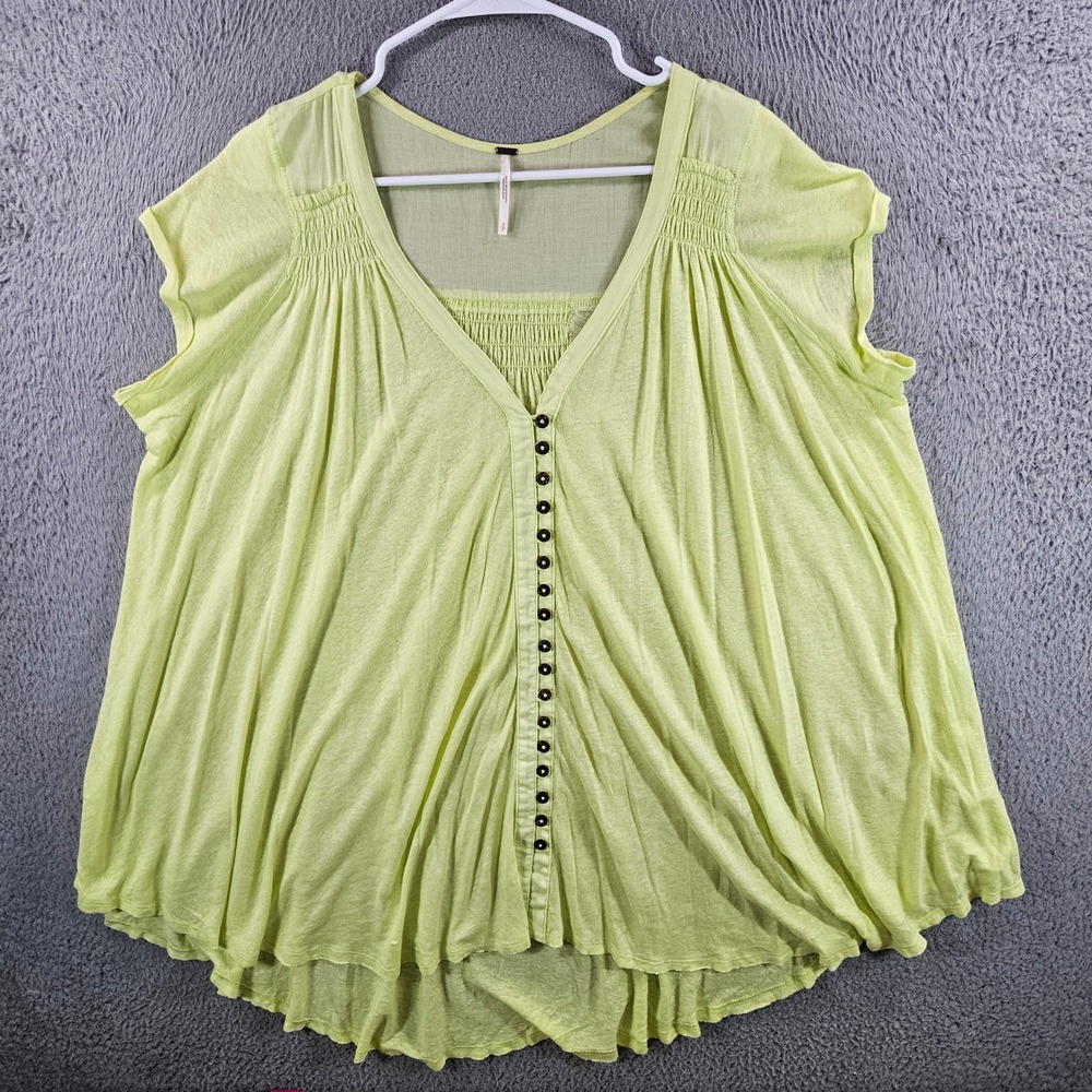 Free People Lime Green Linen Blend Button Front Smocked Tunic Top Small